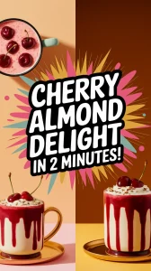 Delicious microwave cherry almond mug desserts topped with cherries on a colorful background.