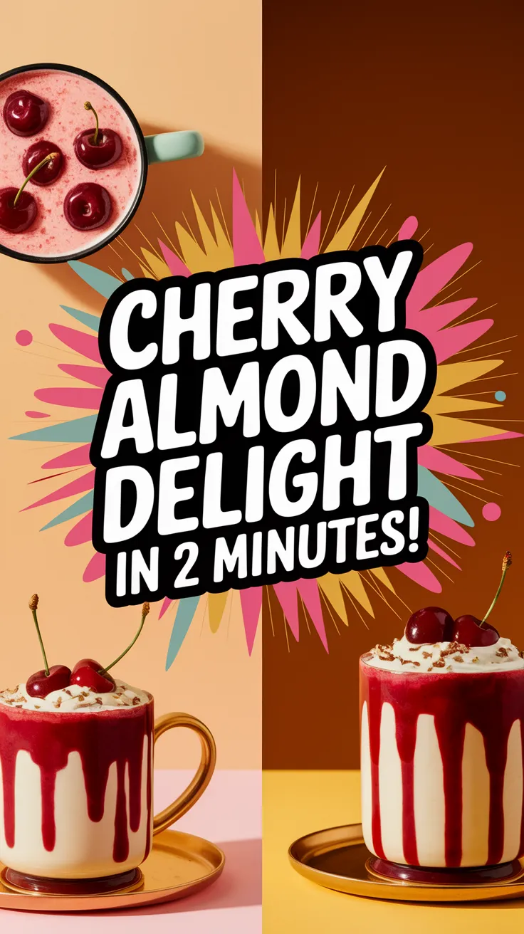 Delicious microwave cherry almond mug desserts topped with cherries on a colorful background.