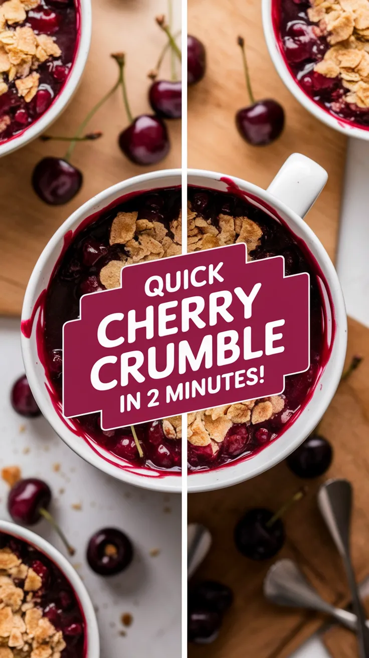 Delicious microwave cherry crumble mug topped with oats and cherries.