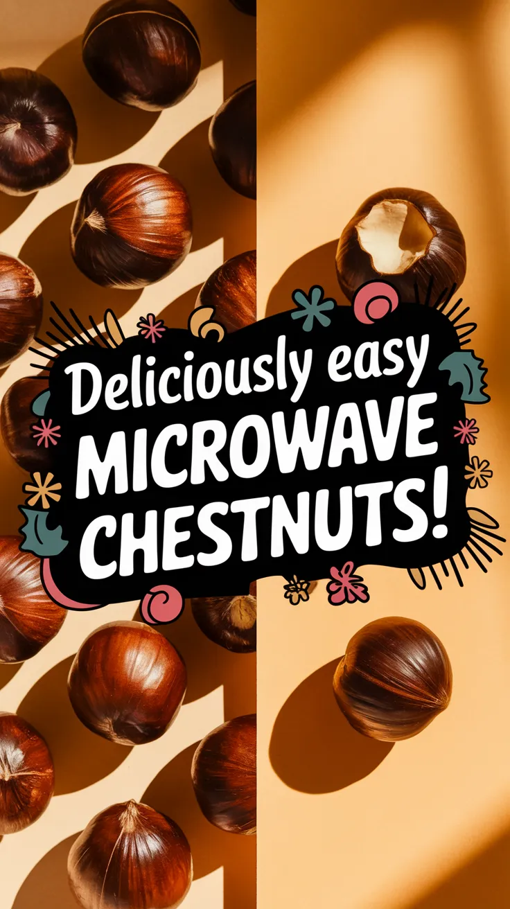 A collection of chestnuts with a vibrant text overlay about cooking chestnuts in the microwave.