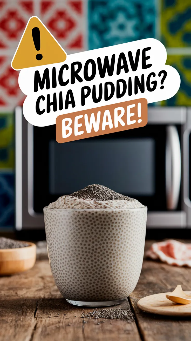Chia pudding with caution sign related to microwaving chia pudding without exploding seeds