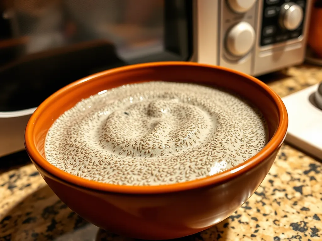 Chia pudding in a bowl next to a microwave, exploring the question of microwaving chia pudding without exploding seeds.