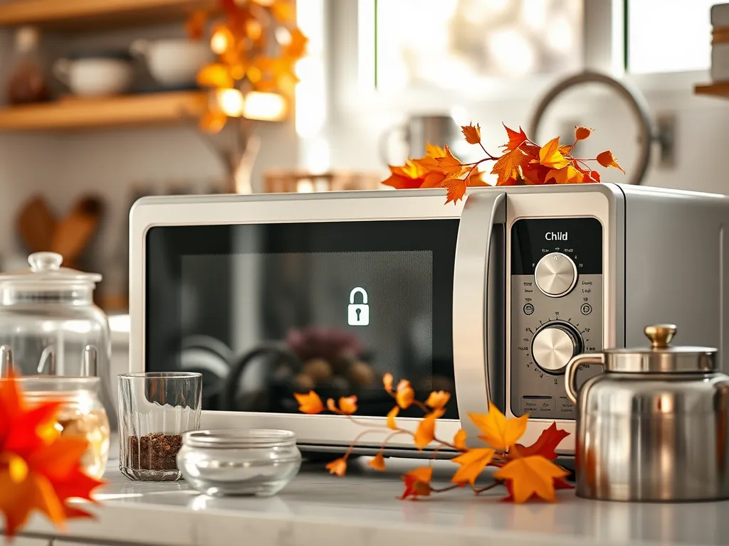 Microwave with Child Lock Symbol Surrounded by Autumn Leaves