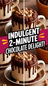 Delicious microwave chocolate hazelnut mug cake topped with chocolate and hazelnuts.