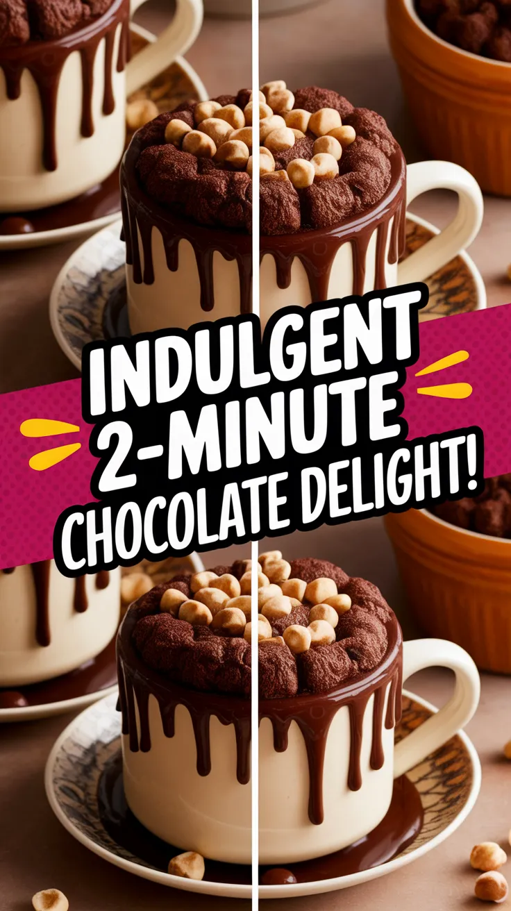 Delicious microwave chocolate hazelnut mug cake topped with chocolate and hazelnuts.