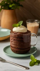 Delicious microwave chocolate mint cake topped with whipped cream and mint leaves.