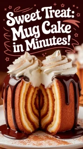 2-Minute Microwave Churro Mug Cake drizzled with chocolate and topped with whipped cream.