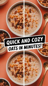 Bowl of microwave cinnamon raisin oats topped with raisins and nuts.