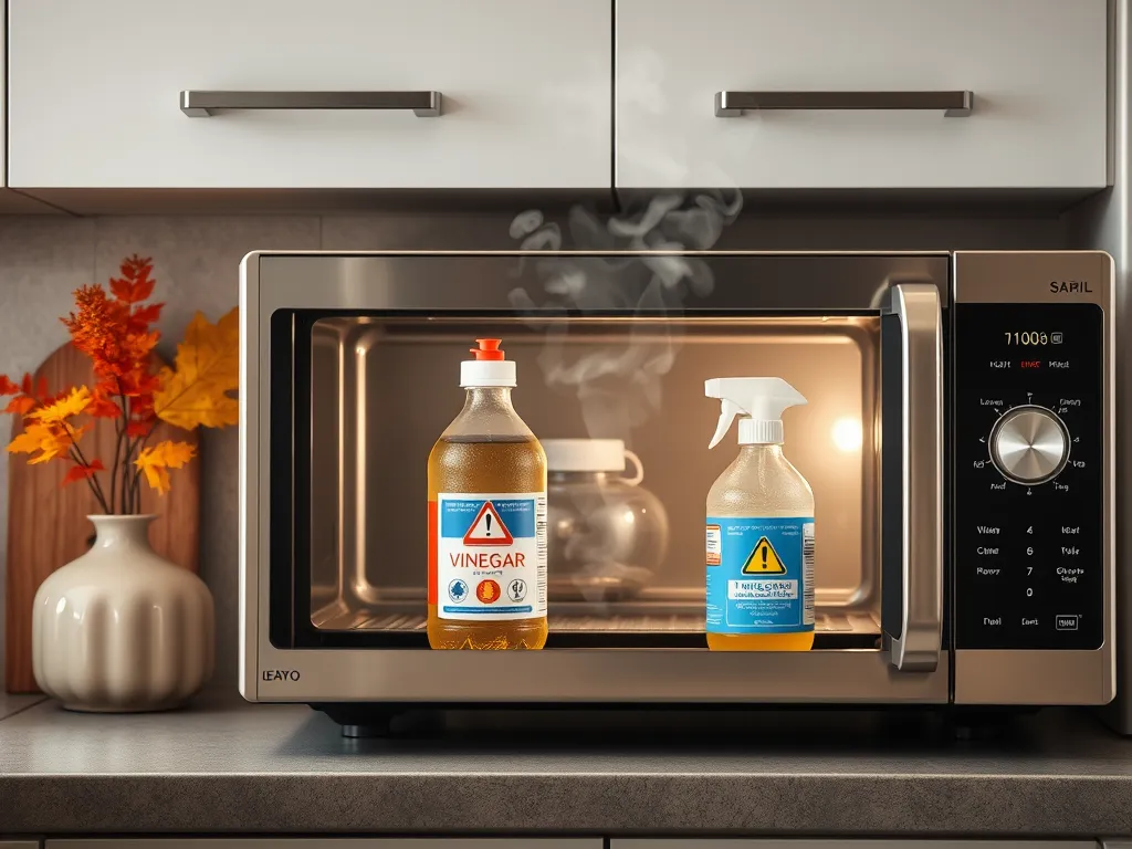 Two bottles of cleaning solutions, including vinegar, inside a microwave highlighting cleaning hack gone wrong.