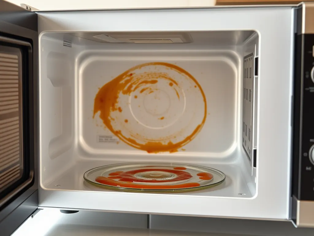 Dirty microwave interior with remnants causing bad smell after cleaning.