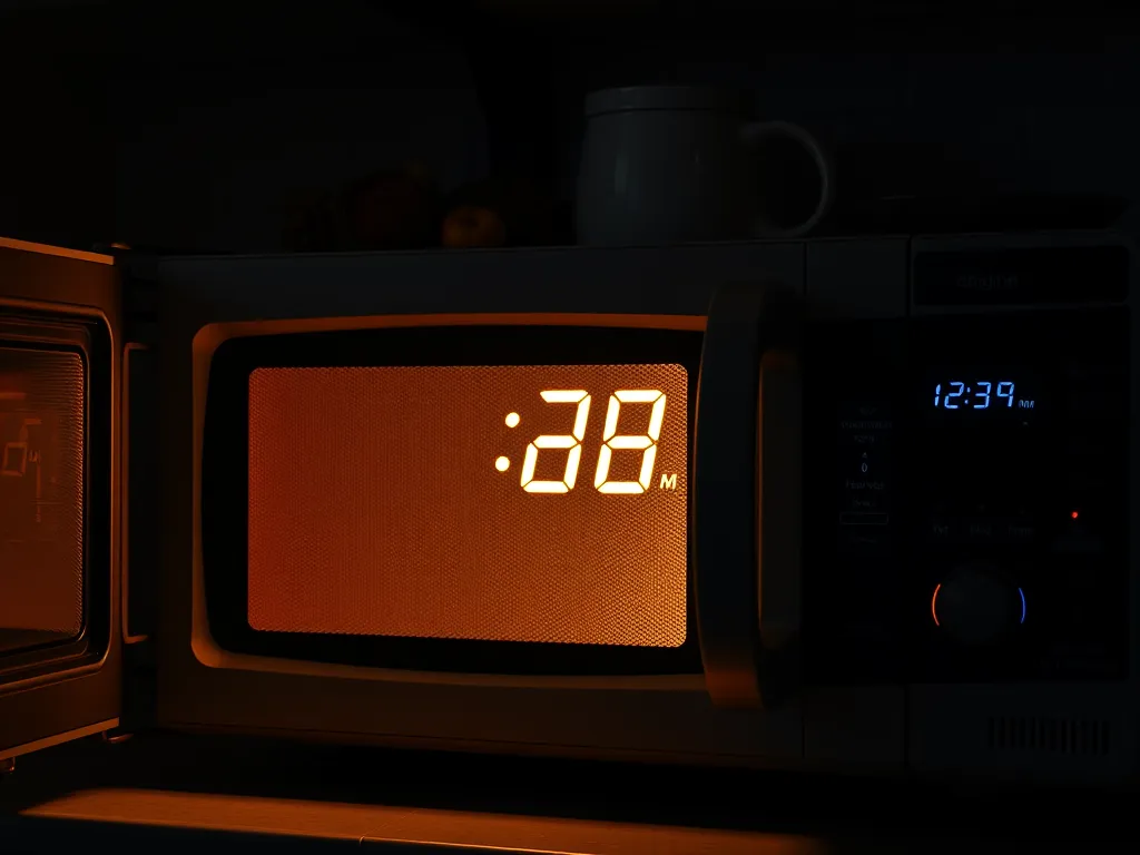 Image of microwave clock displaying time, showcasing energy consumption issue