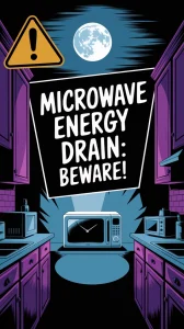 Illustration warning about microwave energy drain and its impact on power consumption.