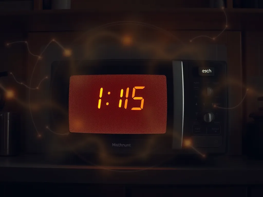 Microwave displaying clock time of 1:15, illustrating energy consumption issues.