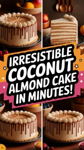 Delicious microwave coconut almond cake topped with chocolate drizzle, showcasing layers in a cozy setting.