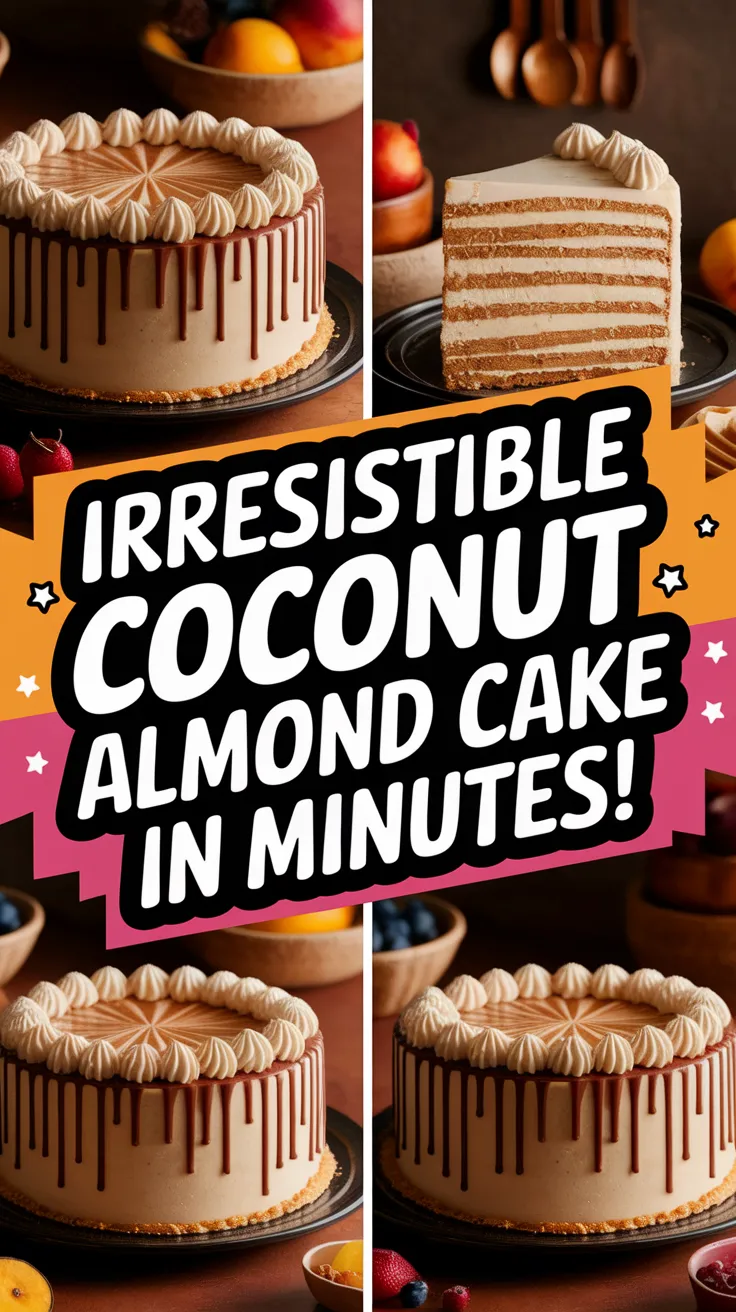 Delicious microwave coconut almond cake topped with chocolate drizzle, showcasing layers in a cozy setting.
