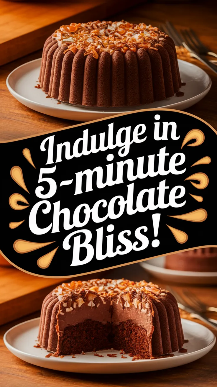 Quick and easy microwave coconut chocolate cake topped with chocolate frosting and coconut flakes.
