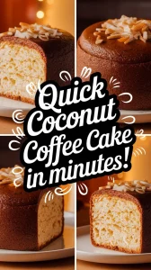 Delicious Microwave Coconut Coffee Cake topped with coconut flakes, perfect for a quick dessert.