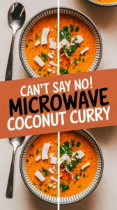 Delicious 2-Minute Microwave Coconut Curry Soup topped with coconut and herbs