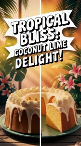 Delicious microwave coconut lime cake garnished with tropical decorations.