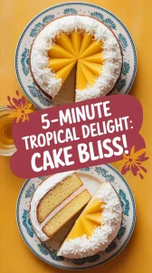 Delicious microwave coconut mango cake topped with coconut flakes and mango slices.
