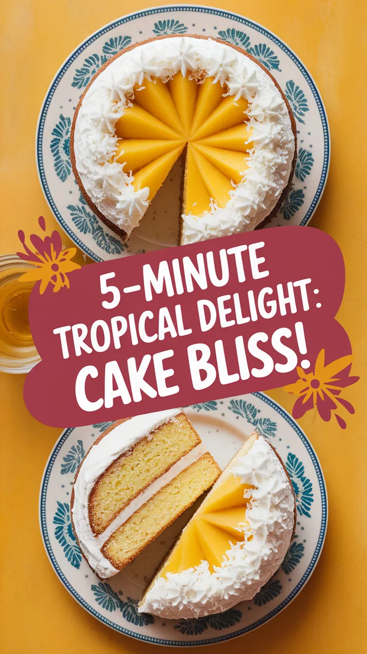 Delicious microwave coconut mango cake topped with coconut flakes and mango slices.