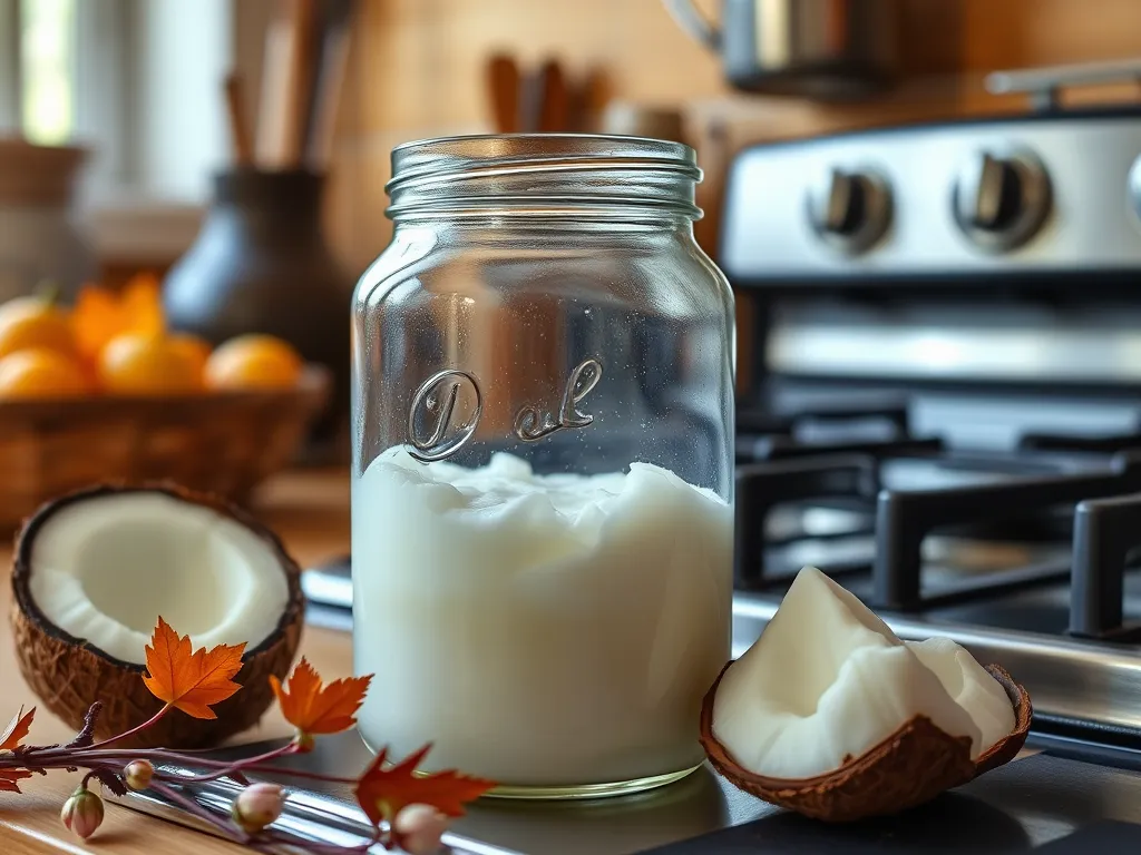 A jar of coconut oil on a stove, related to microwaving coconut oil safely.