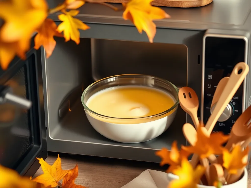 Bowl of melted coconut oil inside a microwave, demonstrating how to microwave coconut oil without burning it.