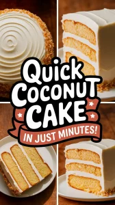 Delicious microwave coconut vanilla cake with creamy frosting and layers.