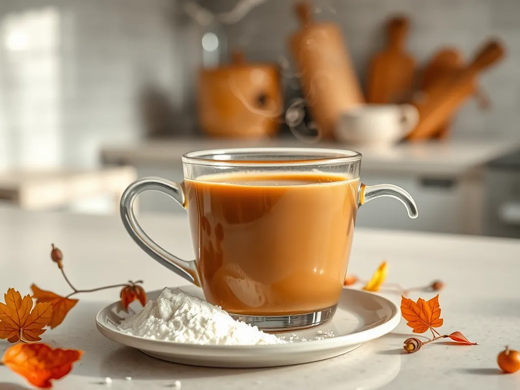 A cup of coffee with collagen powder beside it, emphasizing the topic of microwave use for collagen supplements.