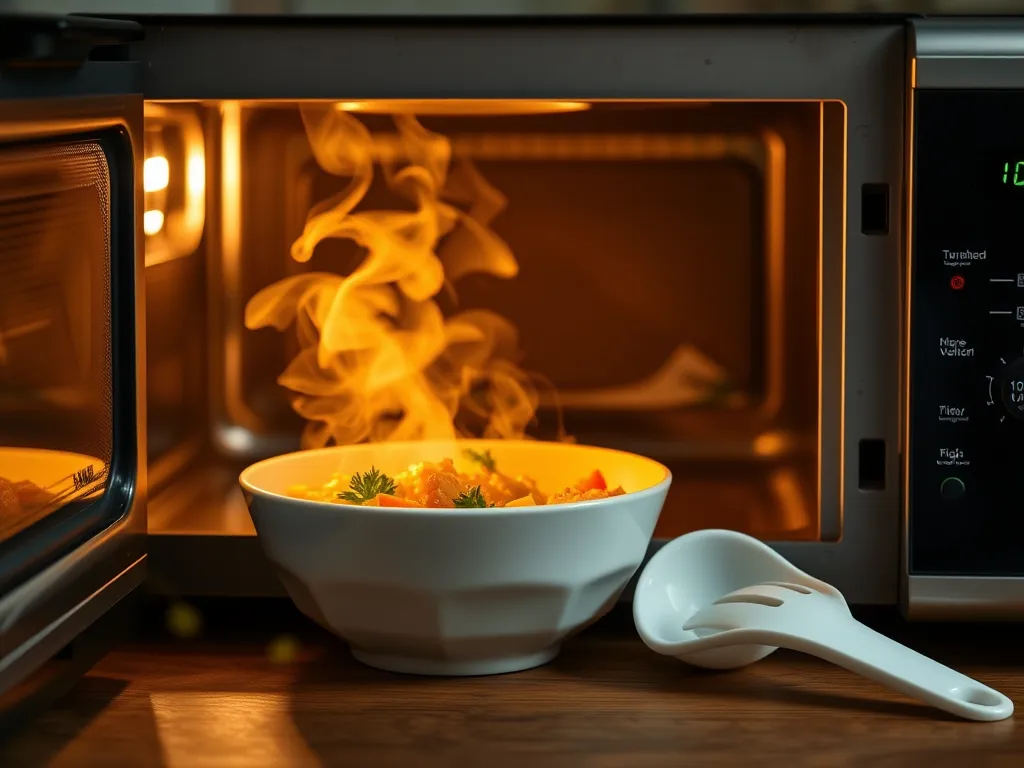 Compostable PLA plastic utensils in a microwave with steaming food