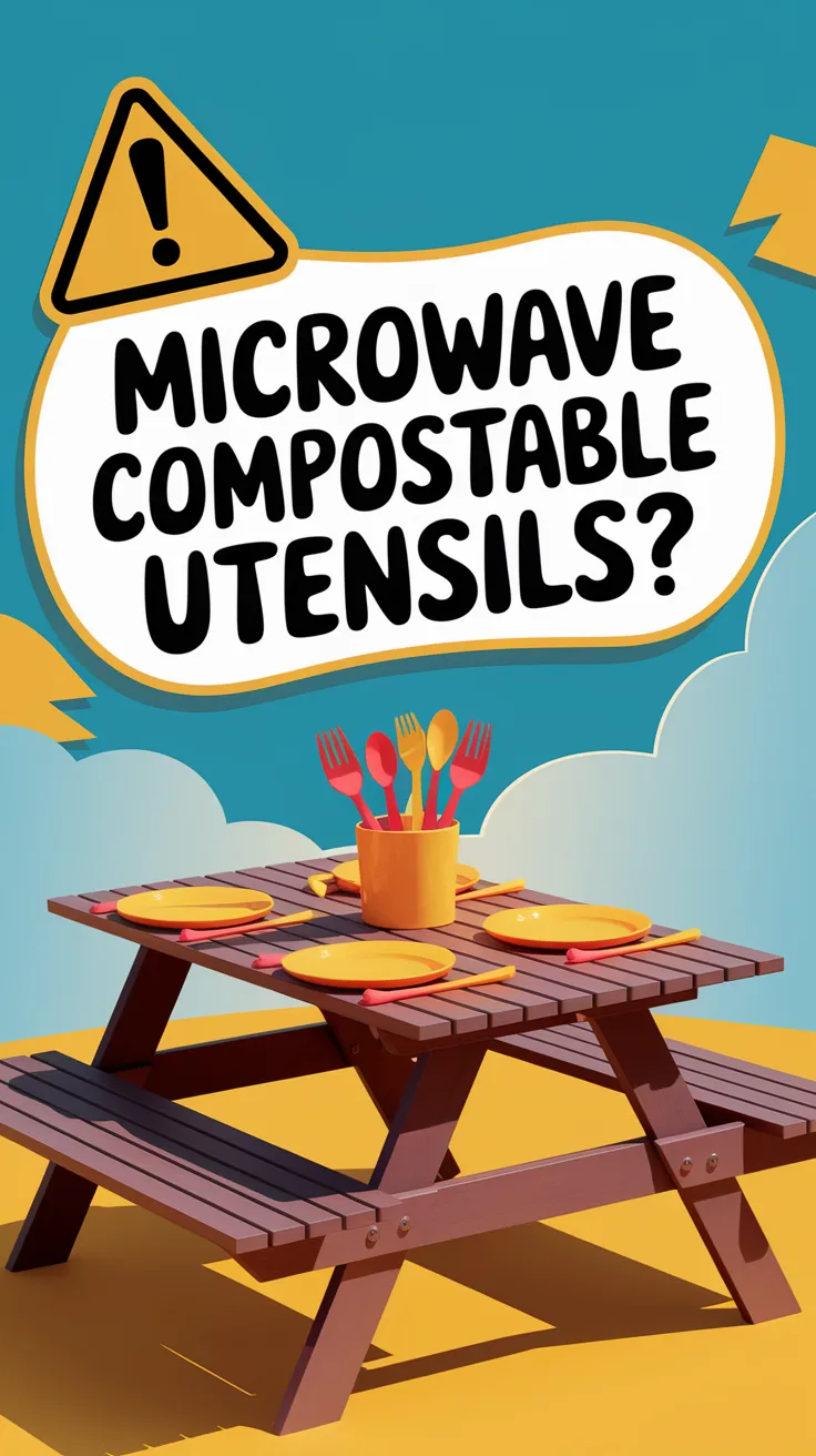 Colorful PLA plastic utensils on a picnic table, questioning safety of microwaving compostable utensils.