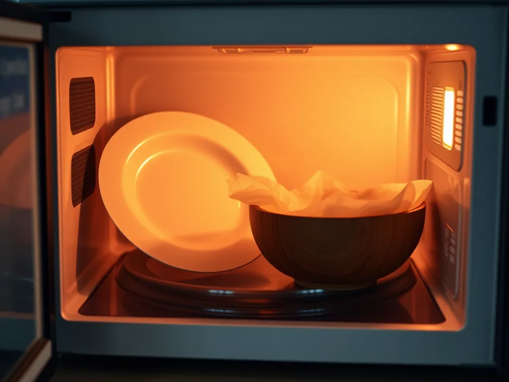 A microwave with a plate and bowl representing safety in microwave power levels.