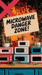 Colorful microwave containers stacked, highlighting potential toxin leaching.