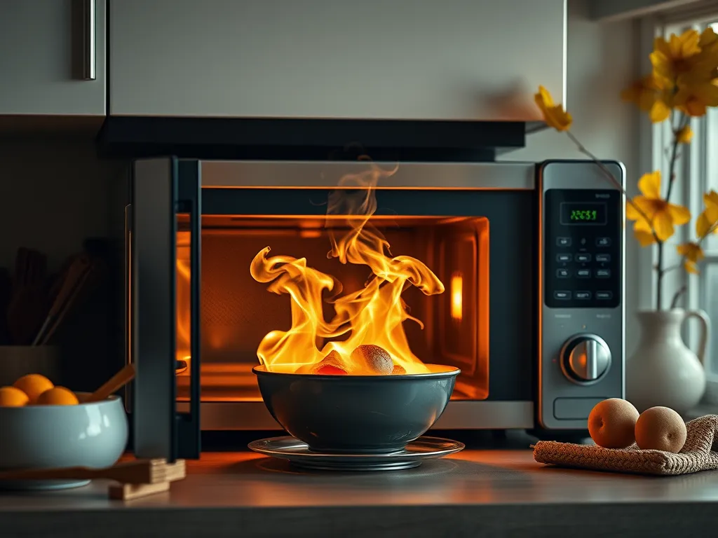 A microwave convection oven in action, showcasing flames rising from a bowl of food, illustrating the importance of proper settings to avoid destruction.
