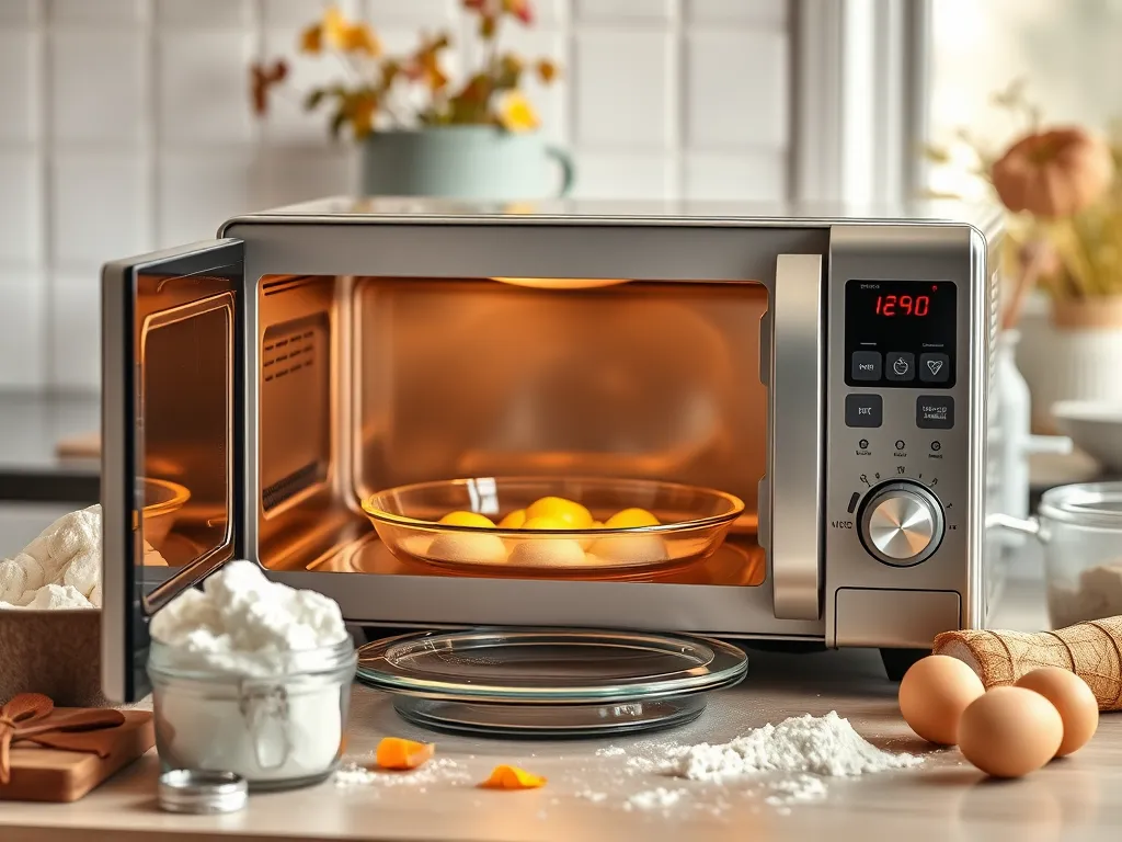 A modern microwave convection oven showcasing its interior with ingredients, emphasizing the cooking feature.