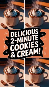 A delicious microwave cookies and cream mug with whipped cream and chocolate sprinkles
