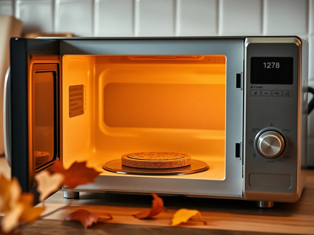 Cork coasters placed inside a microwave for disinfection purposes.