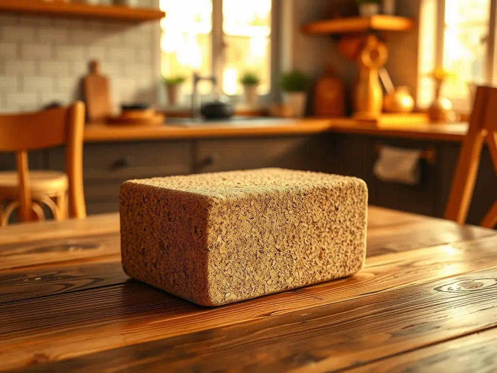 Cork yoga block on a wooden table in a cozy kitchen setting