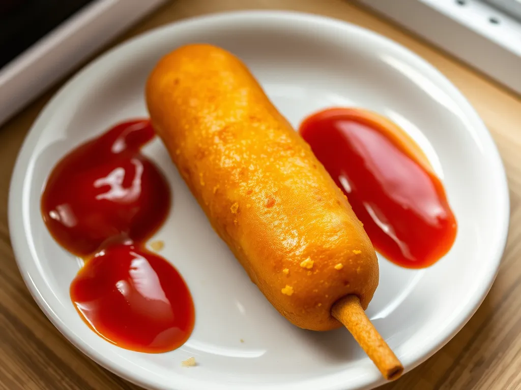 Delicious corn dog served with ketchup, perfect for microwaving.