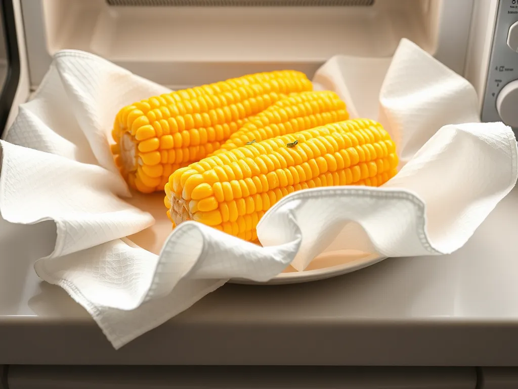 Three ears of corn on the cob wrapped in a paper towel for microwaving perfectly