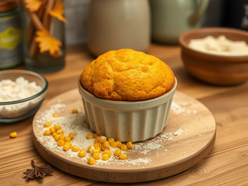 Freshly baked microwave cornbread in a ramekin, perfect for quick recipes.