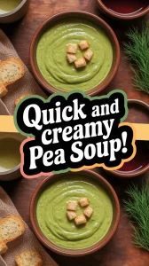 Delicious creamy pea soup made in the microwave, garnished with croutons.