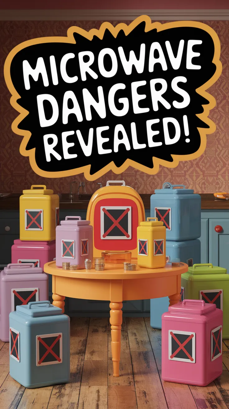 Colorful containers with warning signs indicating they shouldn't be microwaved.