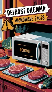Illustration of a microwave with defrost function and meat, discussing safety myths related to defrosting meat in a microwave.