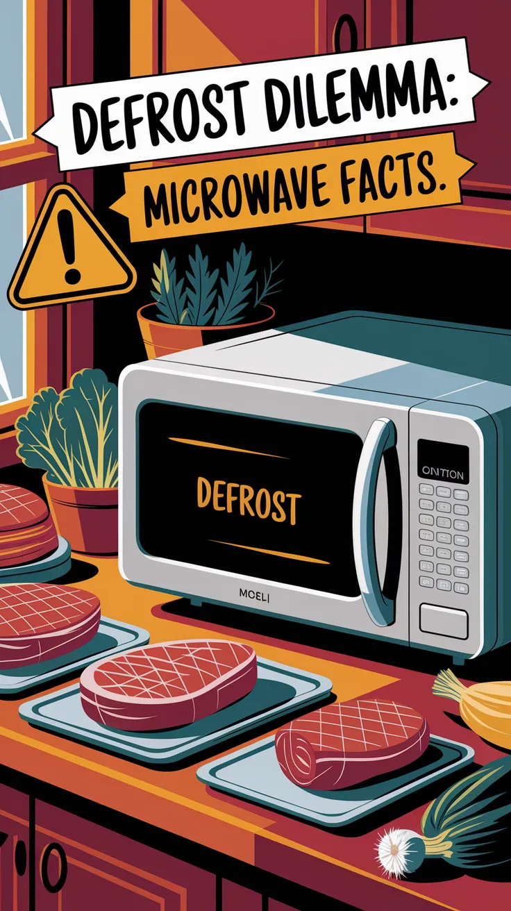 Illustration of a microwave with defrost function and meat, discussing safety myths related to defrosting meat in a microwave.