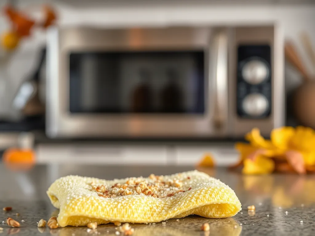 A kitchen scene featuring a microwave with a cloth and food, representing Microwave Detox to remove chemical residue.