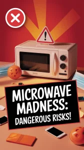 Microwave with warning sign related to dangerous disinfection methods.