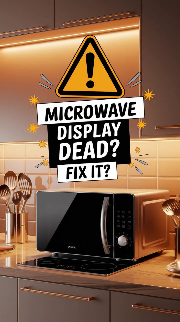 An image showcasing a microwave oven with a warning sign about a dead display, related to microwave troubleshooting.