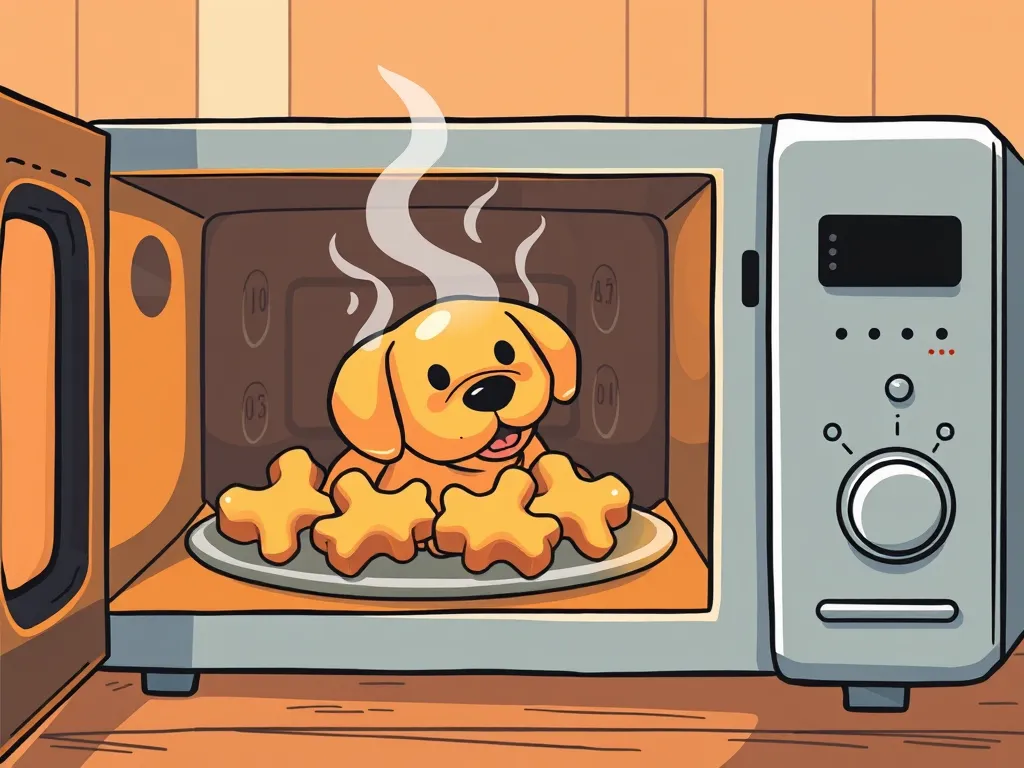 A cartoon dog inside a microwave next to dental chews, illustrating the concept of softening dog dental treats.