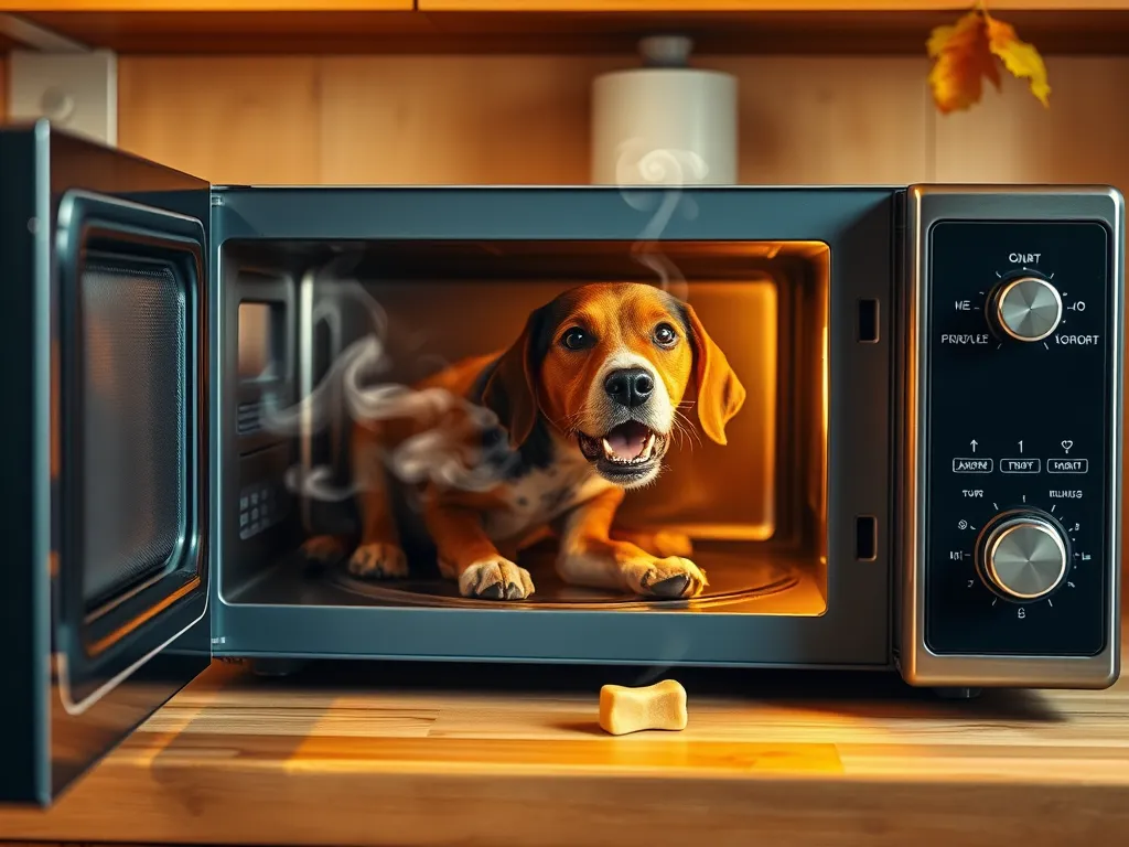 A beagle inside a microwave looking at a dog dental chew, exploring if you can microwave dog dental chews to soften them.